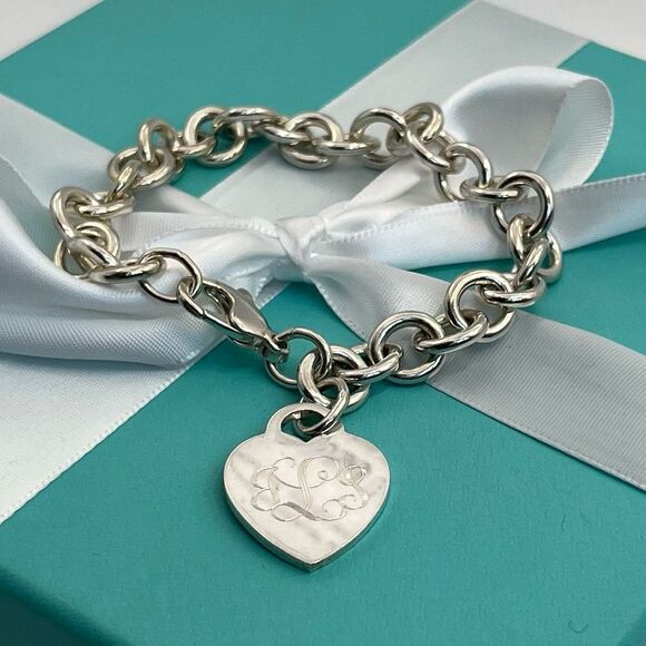 Tiffany & Co. Heart Tag Charm Initials “JSL” - Bracelet 8" Sterling Silver Round - Picture 9 of 16